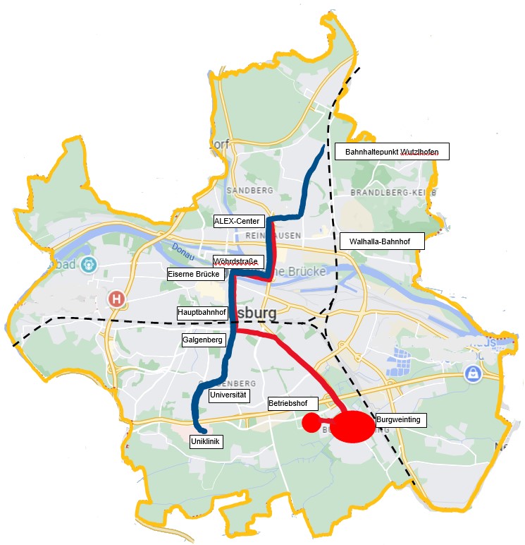 Streckenplan der geplanten Stadtbahn in Regensburg